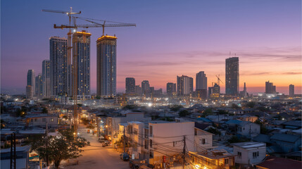 Obraz premium Wide drone aerial of a master-planned development under construction beside an established working-class neighborhood at blue hour twilight, cranes lit against purple sky, gentrification aerial, nei