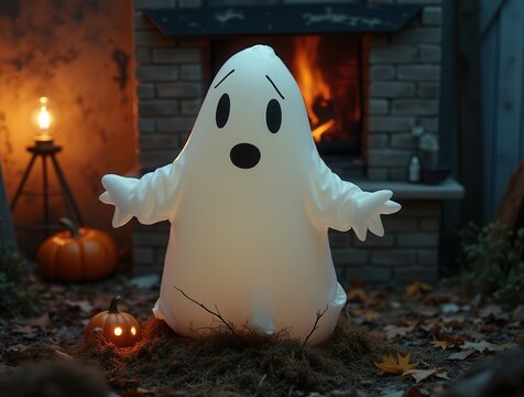 Inflatable ghost standing in front of fireplace during halloween night