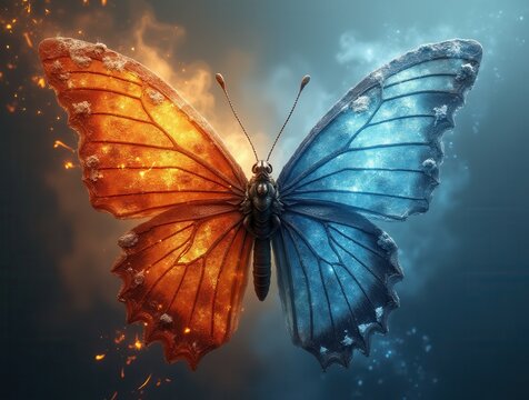 Surreal butterfly with fiery and icy wings contrast