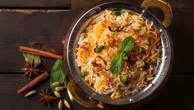  aromatic Biryani in a copper handi with spices and garnishes