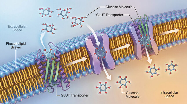 Understanding glucose transport through cell membranes with GLUT transporters and phospholipid bilayers