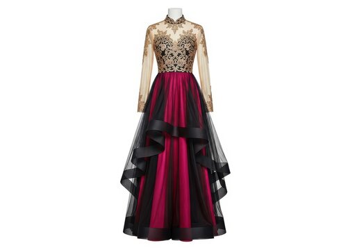 Elegant long-sleeved black and maroon dress with intricate beaded bodice