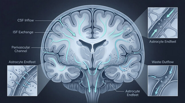 Diagram shows brain structure and fluid movement in human anatomy at a scientific level