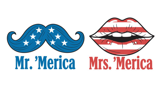 Independence Day Mr merica and Mrs merica vector illustration with patriotic mustache and flag patterned lips for 4th of July celebration designs USA