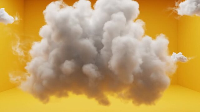 Fluffy white 3D clouds floating in a minimalist yellow room with a slow cinematic zoom