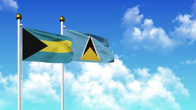 Waving flags of BAHAMAS and SAINT LUCIA on pole included with alpha