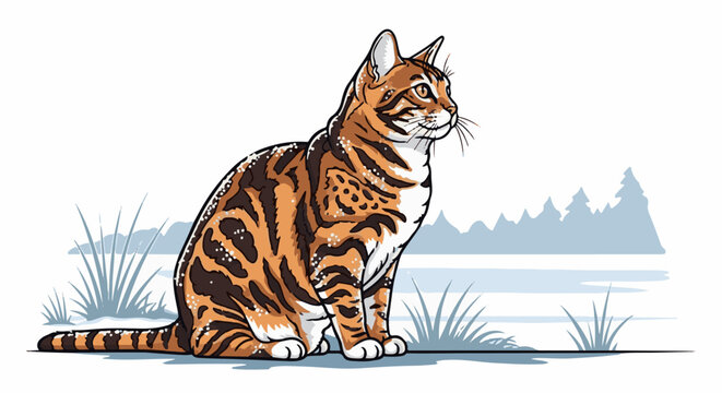 A spotted tabby cat sits in a snowy landscape with frosty grass