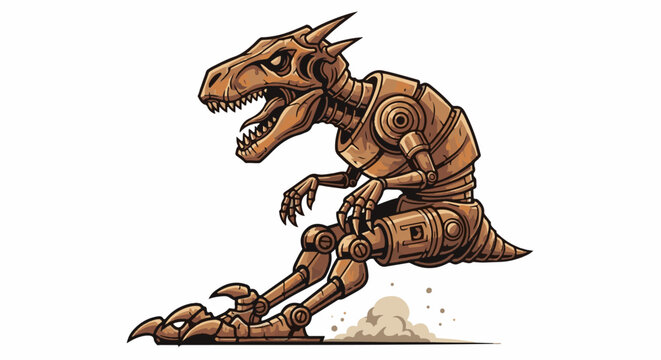 A mechanical dinosaur skeleton in a sitting pose, kicking up dust