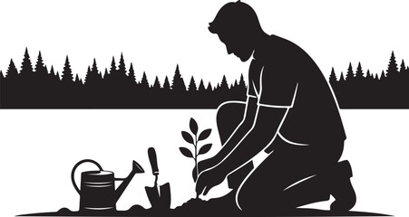 Obraz premium Black silhouette of man planting tree, gardening tools, eco friendly vector illustration