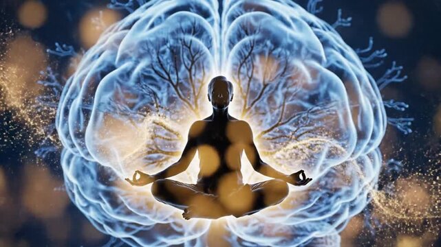 Person meditating inside glowing digital human brain representing mindfulness