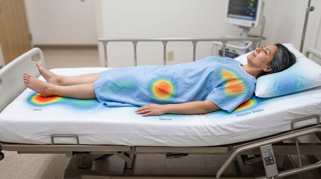 Woman lies on hospital bed wearing a blue gown while a heat map displays pressure points on the mattress in a clinical setting