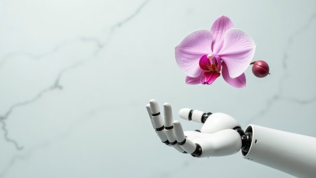 A robotic hand extends to grasp a bright pink flower, capturing the beauty of human-robot interaction