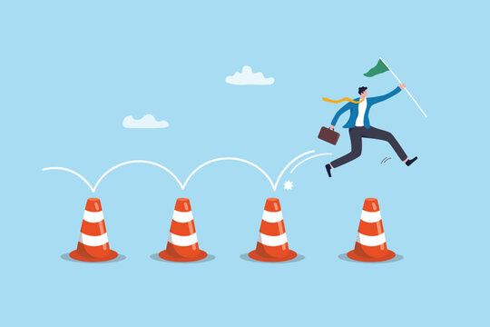 Challenge to overcome obstacles, hurdle or difficulty, leap over trouble issue or business problem, adversity to solve problem, struggle obstruction, determined businessman jump over obstacles pylon.
