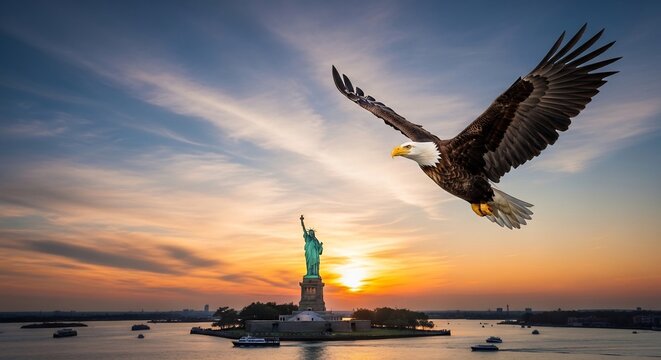Majestic Bald Eagle Soars Over Statue of Liberty at Sunset.