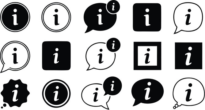 Set of Information Center Web Icons and Support Symbols featuring Info Letter i in Speech Bubbles Circles and Squares Black Vector Silhouette Icons
