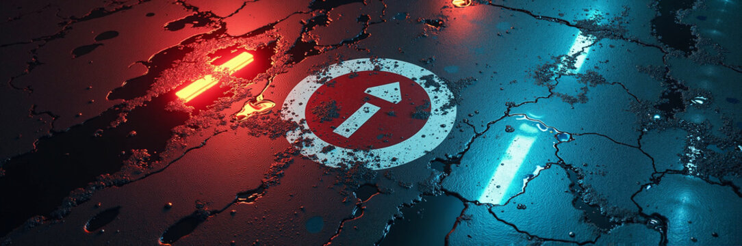 One-way traffic sign on cracked asphalt illuminated by red and blue lights, urban night scene reflecting city road conditions. Concept of traffic rules and urban planning in a modern environment.