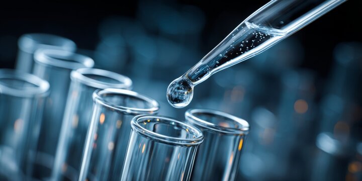 Close-Up View of Glass Test Tubes with Droplet from Pipette in a Laboratory Environment, Scientific Research, and Experimentation Scene