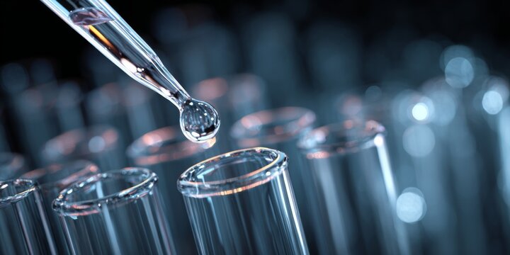 Close-Up View of Glass Test Tubes with Droplet from Pipette in a Laboratory Environment, Scientific Research, and Experimentation Scene