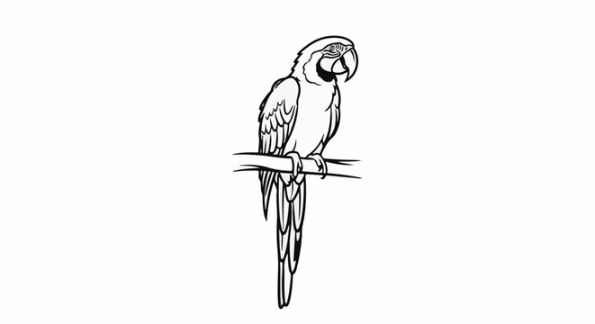 A black and white line drawing of a large parrot sitting on a branch