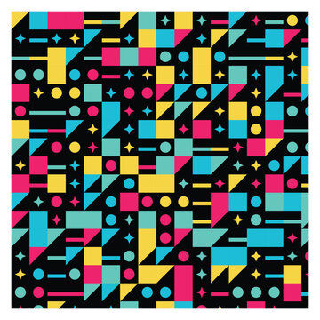 Geometric pattern with multicolored stars, circles, and diamonds on black background