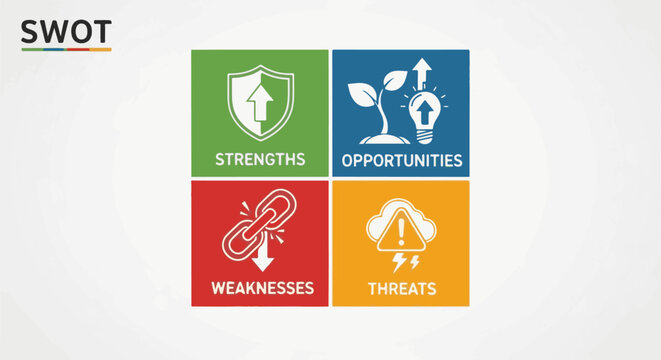 SWOT analysis diagram with icons for strengths, opportunities, weaknesses, and threats