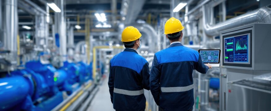 In an industrial hive engineers in safety gear decode digital analytics on sleek screens.