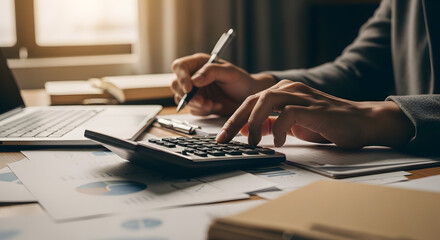 Fototapeta premium Person working on financial documents with calculator and laptop