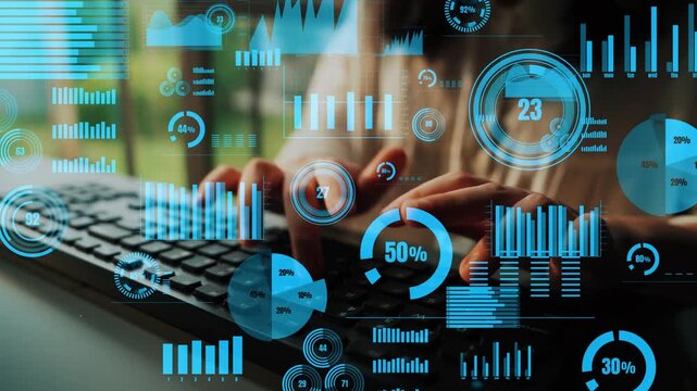A close-up of hands typing on a keyboard, surrounded by digital graphs and statistics, highlighting concepts of data analysis and technology in a modern workspace. Xenic