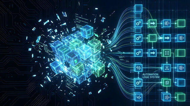 Digital data breakdown and reconstruction into an automated logic system, visualizing complex information processing, big data analysis, and advanced algorithmic technology