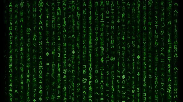 Digital binary code matrix silhouette with green alphanumeric characters on black background, data