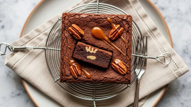 A rich chocolate brownie topped with pecans and caramel drizzle, placed on a wire cooling rack over a napkin and plate