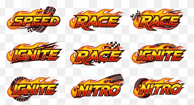 Set of fiery racing word graphics with speed ignite nitro race.