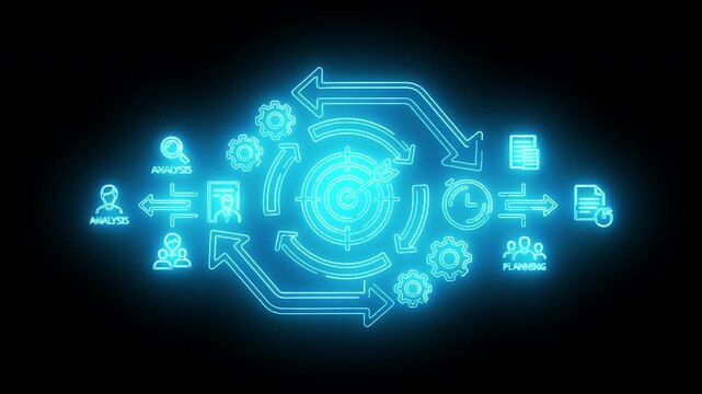 Neon-lit cybersecurity flowchart with threat detected center on black background