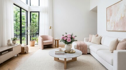 Fototapeta premium Elegant living room with pink accents and large windows overlooking greenery