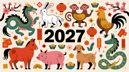 Fototapeta premium Chinese Zodiac animals and 2027 year celebration with lanterns and flowers flat design