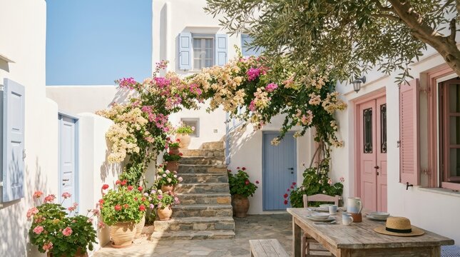 Charming Mediterranean courtyard with blooming bougainvillea and outdoor dining area