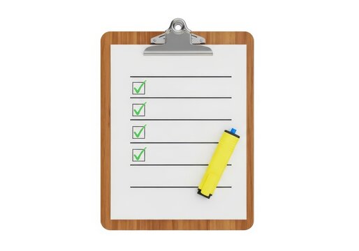 Clipboard with checklist and yellow marker indicating completed tasks