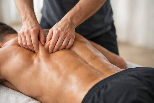 man receiving back massage from therapist. Professional physical therapy for athlete recovery and muscle relief. Wellness treatment in spa salon for body relaxation and health care
