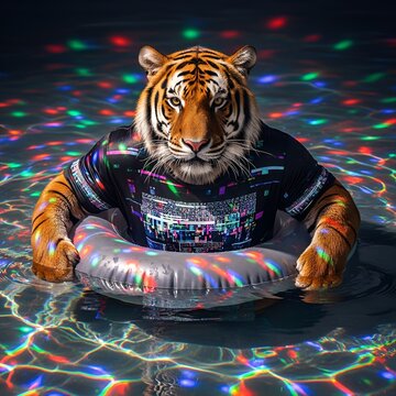 A majestic tiger wearing a futuristic geometric patterned shirt enjoys a refreshing swim in a pool