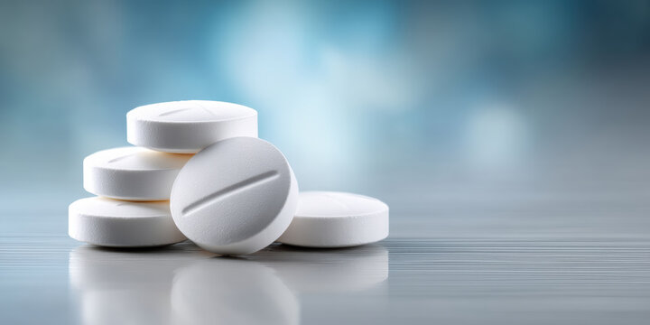 White round tablets stacked on reflective surface, pharmaceutical medicine concept, healthcare and treatment background, clean and clinical