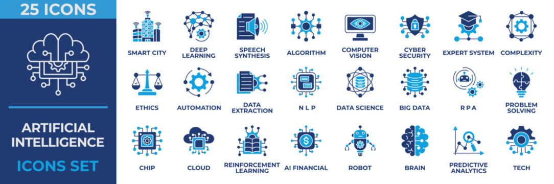Artificial Intelligence Icon Set. Containing smart city, intelligence, deep learning, algorithm, cyber security, brain, big data, chip and more. Flat Blue Icon Vector Illustration.