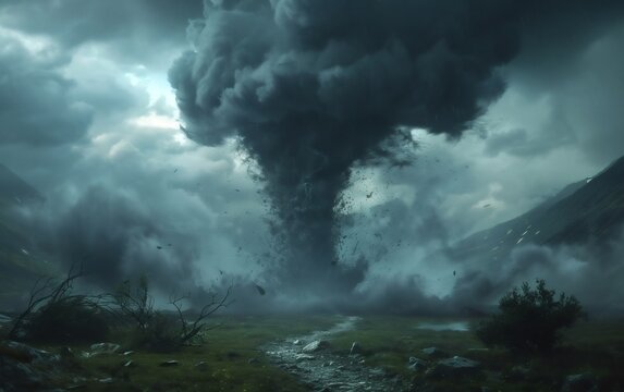 A tornado stands like a black giant pillar between heaven and earth, with rolling dark clouds around it