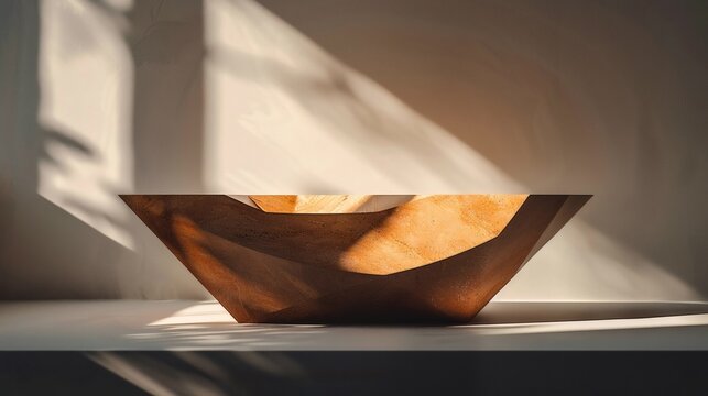 The geometric display stand, under soft lighting