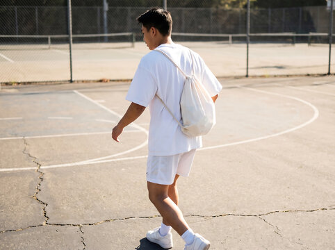 White Oversized T-Shirt and Drawstring Backpack Mockup on Man in Basketball Court
