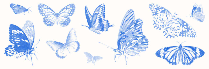 Blue cyanotype elements asset pack. Stipple dot butterflies silhouette. Delicate indigo blue nature vector stickers for template, card and graphic design © gorozhinak