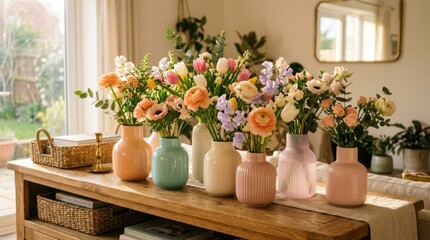 Fototapeta premium Beautiful spring flower arrangements in pastel vases on a wooden table