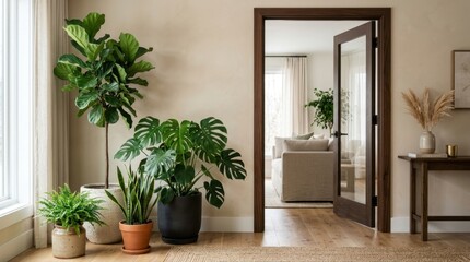 Fototapeta premium Cozy living room interior with lush green houseplants and natural light