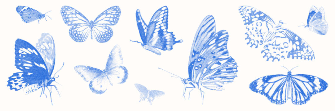 Blue cyanotype elements asset pack. Stipple dot butterflies silhouette. Delicate indigo blue nature vector stickers for template, card and graphic design