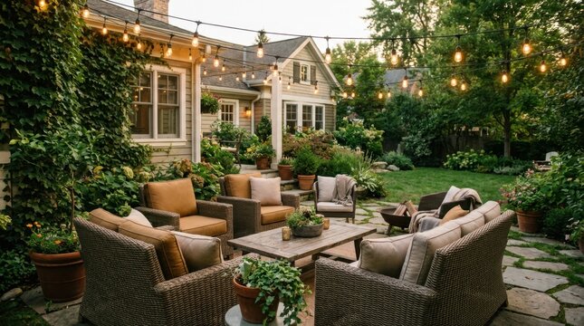 Cozy backyard patio with string lights and comfortable seating for evening relaxation