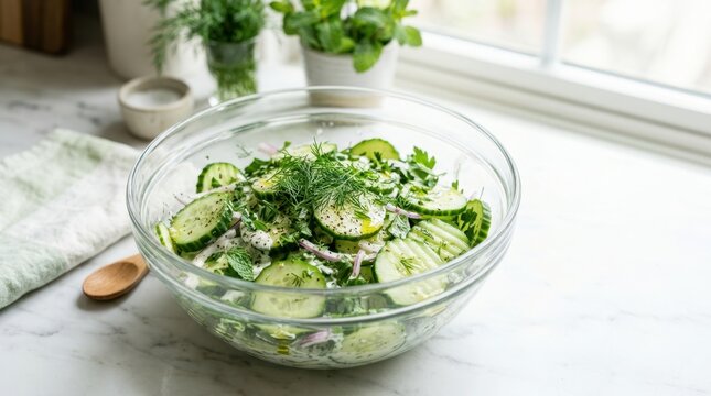 Fresh cucumber salad with herbs and creamy dressing in a glass bowl